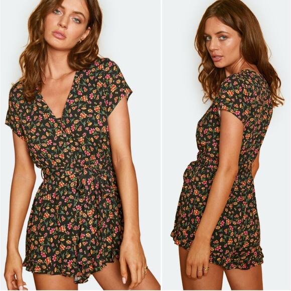 Lost + Wander Party Til Dawn Floral Romper ruffle hem black pink yellow - Picture 1 of 13